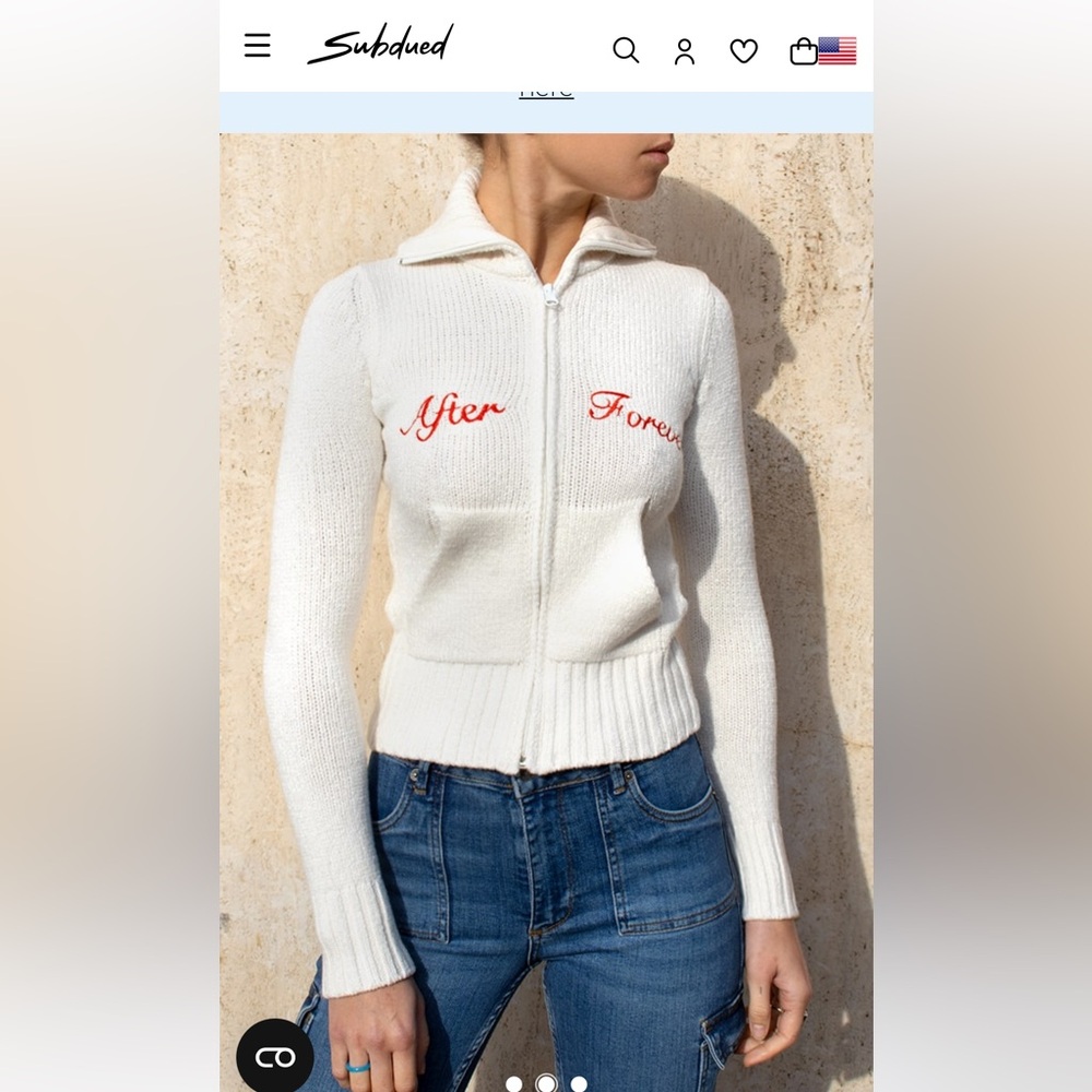 Subdued White Zip-Up ‘After Forever’ Cardigan with Red Embroidery